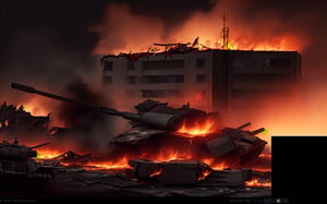 dark theme, in a battlefield, no one alive, soldiers dead bodies all around the ground, foggy, aircraft crashes on a building, tanks crashed each other and on flames, bloody, reddishilding broken and in flames, in a city with bu