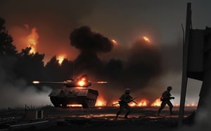 dark theme, in a battlefield, lots of tanks are in reddish fire and damaged while lots of soldiers are dead bodies on the ground with smoke coming out and crates, raining heavily, 4K, battlefield is in a city with broken buildings with reddish fire over it, airplanes on sky and being shot by bright long arrows which is known as anti-air, soldiers charging and some are dying, bloody, foggy and reddish, lots of long bright yellow line that represent as bullets flying around