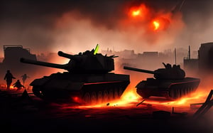 dark theme, in a battlefield, lots of tanks are in reddish fire and damaged while lots of soldiers are dead bodies on the ground with smoke coming out and crates, raining heavily, 4K, battlefield is in a city with broken buildings with reddish fire over it, airplanes on sky and being shot by bright long arrows which is known as anti-air, soldiers charging and some are dying, bloody, foggy and reddish, lots of long bright yellow line that represent as bullets flying around