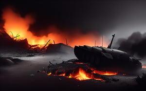 dark theme, in a battlefield, no one alive, soldiers dead bodies all around the ground, foggy, aircraft crashes on a building, tanks crashed each other and on flames