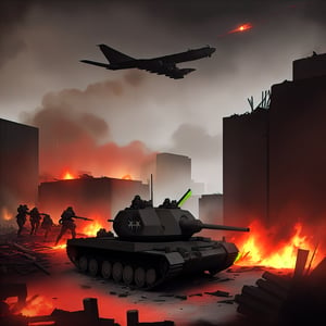 dark theme, in a battlefield, lots of tanks are in reddish fire and damaged while lots of soldiers are dead bodies on the ground with smoke coming out and crates, raining heavily, 4K, battlefield is in a city with broken buildings with reddish fire over it, airplanes on sky and being shot by bright long arrows which is known as anti-air, soldiers charging and some are dying, bloody, foggy and reddish, lots of long bright yellow line that represent as bullets flying around