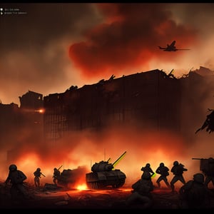 dark theme, in a battlefield, lots of tanks are in reddish fire and damaged while lots of soldiers are dead bodies on the ground with smoke coming out and crates, raining heavily, 4K, battlefield is in a city with broken buildings with reddish fire over it, airplanes on sky and being shot by bright long arrows which is known as anti-air, soldiers charging and some are dying, bloody, foggy and reddish, lots of long bright yellow line that represent as bullets flying around