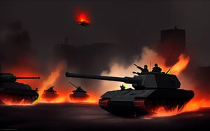 dark theme, in a battlefield, city is berlin, lots of soldiers are defending the town against lots of enemy soldiers and tanks, fire, foggy, reddish, blood, deads, tank destroyed and on fire, aircraft falling with flames in the mid-air