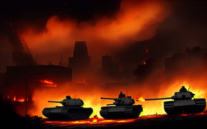 dark theme, in a battlefield, city is berlin, lots of soldiers are defending the town against lots of enemy soldiers and tanks, fire, foggy, reddish, blood, deads, tank destroyed and on fire, aircraft falling with flames in the mid-air