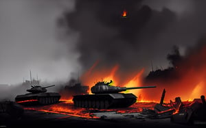 dark theme, in a battlefield, no one alive, soldiers dead bodies all around the ground, foggy, aircraft crashes on a building, tanks crashed each other and on flames, bloody, reddish