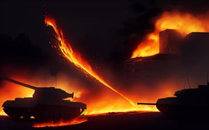 dark theme, in a battlefield, city is berlin, lots of soldiers are defending the town against lots of enemy soldiers and tanks, fire, foggy, reddish, blood, deads, tank destroyed and on fire, aircraft falling with flames in the mid-air