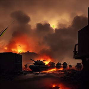 dark theme, in a battlefield, lots of tanks are in reddish fire and damaged while lots of soldiers are dead bodies on the ground with smoke coming out and crates, raining heavily, 4K, battlefield is in a city with broken buildings with reddish fire over it, airplanes on sky and being shot by bright long arrows which is known as anti-air, soldiers charging and some are dying, bloody, foggy and reddish, lots of long bright yellow line that represent as bullets flying around