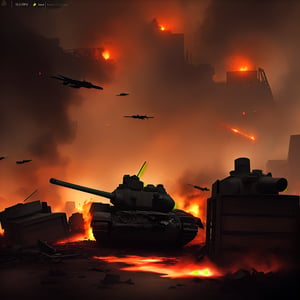 dark theme, in a battlefield, lots of tanks are in reddish fire and damaged while lots of soldiers are dead bodies on the ground with smoke coming out and crates, raining heavily, 4K, battlefield is in a city with broken buildings with reddish fire over it, airplanes on sky and being shot by bright long arrows which is known as anti-air, soldiers charging and some are dying, bloody, foggy and reddish, lots of long bright yellow line that represent as bullets flying around