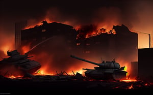 dark theme, in a battlefield, no one alive, soldiers dead bodies all around the ground, foggy, aircraft crashes on a building, tanks crashed each other and on flames, bloody, reddishilding broken and in flames, in a city with bu