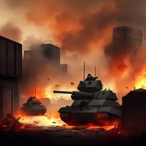 dark theme, in a battlefield, lots of tanks are in reddish fire and damaged while lots of soldiers are dead bodies on the ground with smoke coming out and crates, raining heavily, 4K, battlefield is in a city with broken buildings with reddish fire over it, airplanes on sky and being shot by bright long arrows which is known as anti-air, soldiers charging and some are dying, bloody, foggy and reddish, lots of long bright yellow line that represent as bullets flying around