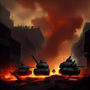 dark theme, in a battlefield, lots of tanks are in reddish fire and damaged while lots of soldiers are dead bodies on the ground with smoke coming out and crates, raining heavily, 4K, battlefield is in a city with broken buildings with reddish fire over it, airplanes on sky and being shot by bright long arrows which is known as anti-air, soldiers charging and some are dying, bloody, foggy and reddish, lots of long bright yellow line that represent as bullets flying around