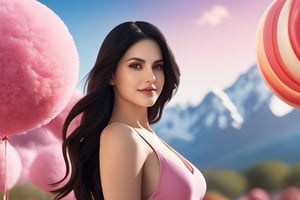 , black hair, long hair, beautiful woman smiling, wearing bikini, sunny leone, 5unny, Background A whimsical candy-filled land with chocolate rivers gumdrop trees and cotton candy clouds, detailed skin texture, (blush:0.5), (goosebumps:0.5), subsurface scattering, photorealistic, realistic, vibrant, detailed, High Detail, highly detailed, lots of fine detail, sharp focus, 8K, 4K, high resolution, ultra high res, high definition, masterpiece, best quality, rich colors, cinematic, cinematic lighting, Realistic Lighting, depth of field, natural shadows, ambient occlusion, subsurface scattering, reflections, soft lighting, lens flare, crisp edges, anisotropic shading, global illumination,animepull