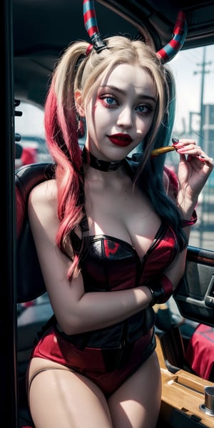 (8k, RAW photo, best quality, masterpiece:1.2), (photo realistic), (intricate details), (best quality), (high resolution), ((perfect eyes)), perfect face, perfect lighting, vivid colors, vivid colors, 1girl, harleyquinn, triangular cheek, full body, harleyquinn, harleyquinn, first plane, 
