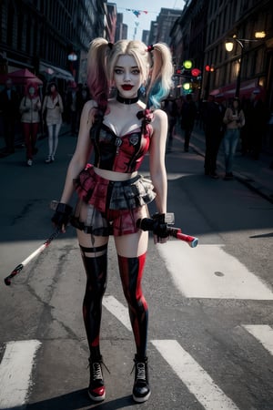 (8k, RAW photo, best quality, masterpiece:1.2), (photo realistic), (intricate details), (best quality), (high resolution), ((perfect eyes)), perfect face, perfect lighting, vivid colors, vivid colors, 1girl, harleyquinn, triangular cheek, full body, harleyquinn, harleyquinn, first plane, 