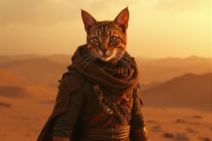 if a cat in dune movie as a protagonist, warrior clothing, wide shot, epic dune, key art, photorealistic, ultra realistic, symmetrical face, tone mapped, intricate, elegant, highly detailed, full body, 16:9, ultra wide, golden hour, 3 point light, cinematic