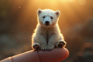 a mini polar bear sitting on a finger tip , key art, photorealistic, ultra-realistic, symmetrical face, tone mapped, intricate, elegant, highly detailed, full body, 16:9, ultra-wide, golden hour, 3 point light, cinematic, mud, and dust