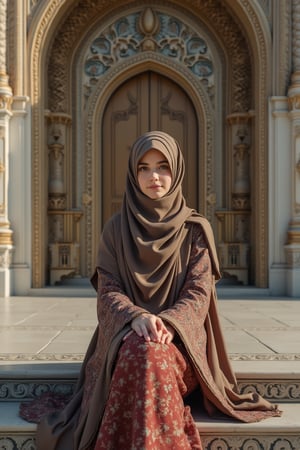 portrait of a beautiful girl in hijab sit on stairs in front of a mosque with detail and intricate Islamic design, key art, photorealistic, ultra realistic, beautiful face, symmetrical face, tone mapped, intricate, elegant, highly detailed, full body