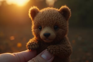 a mini bear sitting on a finger tip , key art, photorealistic, ultra-realistic, symmetrical face, tone mapped, intricate, elegant, highly detailed, full body, 16:9, ultra-wide, golden hour, 3 point light, cinematic, mud, and dust