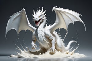 create a majestic white dragon jumping made of milk, splashed, drips, subsurface scattering, translucent, 100mm,Movie Still,detailmaster2,Film Still