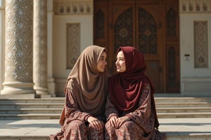 portrait of beautiful girls in hijab sit on stairs in front of a mosque talking and smiling with detail and intricate Islamic design, key art, photorealistic, ultra realistic, beautiful face, symmetrical face, tone mapped, intricate, elegant, highly detailed, full body, Photorealistic, Beautiful woman 