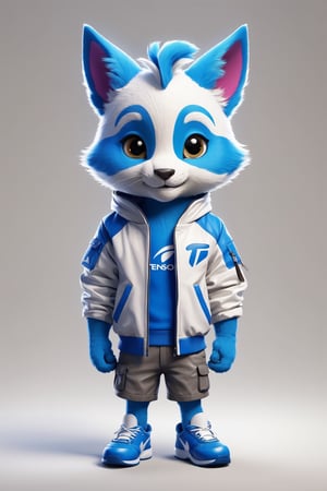 create a mascot for tensor.art, it must include cuteness, adventurous, smart, vibrant color, clean design, futuristic, artistic, jacket, modern, color is blue and white, tensor logo in the chest, painting tools