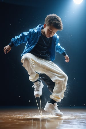 create a cute young boy break dance (toprock) with trousers made of milk, splashed, drips, subsurface scattering, translucent, 100mm,Movie Still,detailmaster2,Film Still,make_3d,aesthetic portrait