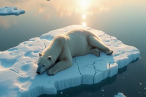 a lone polar bear laying on ice berg, cracked, lonely, sad, key art, photorealistic, ultra realistic, golden hour, seen from above, aerial shot, tone mapped, intricate, elegant, highly detailed, full body, Photorealistic, Beautiful woman 