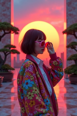 In the style of TOK, a photo editorial avant-garde dramatic action pose of a person wearing 90s round wacky sunglasses pulling glasses down looking forward, in Tokyo with large marble structures and bonsai trees at sunset with a vibrant illustrated jacket surrounded by illustrations of flowers, smoke, flames, ice cream, sparkles, rock and roll,(best quality, 4K, 8K, high-resolution, masterpiece), ultra-detailed, best detailed, details, skin detailed, photorealism, photorealistic, intricate, elegant, highly detailed, insane details, intricate details, hyper detailed