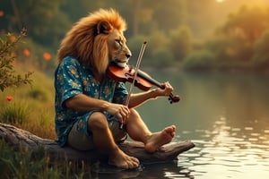 a lion playing violin sitting on dead wood wearing Hawaiian shirt beside of a pond, lonely, sad, key art, photorealistic, ultra realistic, golden hour, depth of field, bokeh blur, f1.2, seen from above, aerial shot, tone mapped, intricate, elegant, highly detailed, full body, Photorealistic,