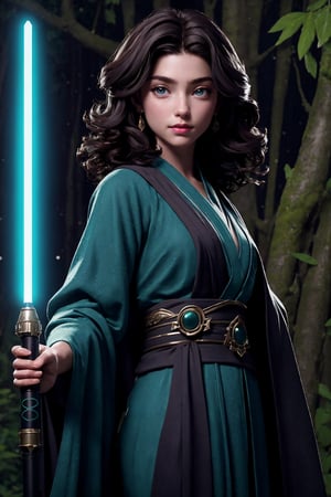 1girl, Highly detailed RAW color Photo, ((outdoor)), Full Body, ((portrait of a young jedi)), In a peaceful forest, a young and captivating Jedi apprentice stands beneath a crescent moon. Clad in traditional Jedi robes, she emanates an aura of tranquility. Her face reflects wisdom beyond her years, and her eyes sparkle with a hint of mystery, Surrounded by mist, she exudes a serene and confident presence. There's no lightsaber in her hands, yet her poise suggests an unshakeable connection to the Force. The camera captures this enchanting moment, leaving viewers mesmerized by the grace and potential of this remarkable Jedi apprentice, age 18, short_curly_hair, dark_hair, green-eyes, ((sexy_lips)), intricate_detail, realistic, dark_tone, cinematic_still, color_graded, on an aliean_planets, far_away_mountains, spaceship, cinematic lighting, shallow depth of field, photographed on a Sony a9 II, ((35mm f1.8_wide angle lens)), sharp focus, cinematic film still, particle effects, raytracing, detailed_skin, sharp_eyes, beautifull, looking_at_camera, lensflare, anamorphic_lens, glare, glow, ((wide_shot))