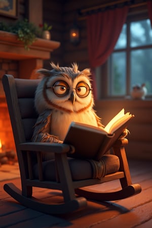 an old and wise owl on a rocking chair reading stories to his children in front of the fireplace, cozy cabin, reading glasses, bloom, lens_flare, anamorphic, cinematic light, pixar style, 3d style