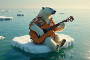 a polar bear playing guitar sitting on ice wearing Hawaiian shirt,  floating at the sea, cracked, transparent ice, clear water, lonely, sad, key art, photorealistic, ultra realistic, golden hour, seen from above, aerial shot, tone mapped, intricate, elegant, highly detailed, full body, Photorealistic,