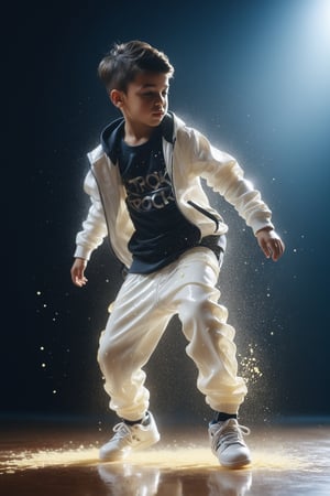 create a cute young boy break dancing (toprock) with trousers made of milk, splashed, drips, subsurface scattering, translucent, 100mm,Movie Still,detailmaster2,Film Still,make_3d,aesthetic portrait