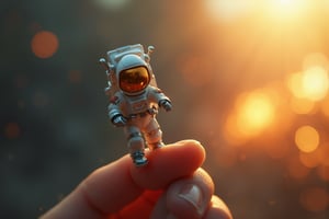 a mini astronaut running on a fingertip, planet, a spaceship behind it, key art, photorealistic, ultra-realistic, symmetrical face, tone mapped, intricate, elegant, highly detailed, full body, 16:9, ultra-wide, golden hour, 3 point light, cinematic