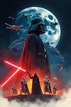 Star Wars movie poster, moon, death star, x-wings, Jedi, stormtroopers, symmetrical design, movie poster, ultrarealistic, photograph, detailed_bg, double exposure