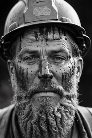 closeup portrait of a coal miner with dirt in his face, old, dirty long beard, black and white photography, drips, subsurface scattering, translucent, 100mm,Movie Still,detailmaster2,Film Still