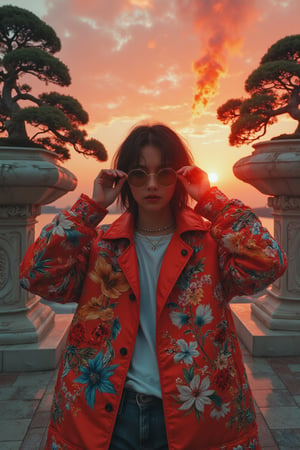 In the style of TOK, a photo editorial avant-garde dramatic action pose of a person wearing 90s round wacky sunglasses pulling glasses down looking forward, in Tokyo with large marble structures and bonsai trees at sunset with a vibrant illustrated jacket surrounded by illustrations of flowers, smoke, flames, ice cream, sparkles, rock and roll,(best quality, 4K, 8K, high-resolution, masterpiece), ultra-detailed, best detailed, details, skin detailed, photorealism, photorealistic, intricate, elegant, highly detailed, insane details, intricate details, hyper detailed