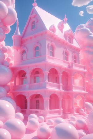 create a Victorian architecture made of milk, splashed, drips, subsurface scattering, detailed milk material, puffy clouds, aesthetic light and shadow 3d, translucent plastic bubblegum, fluorescent, translucent, 100mm,Movie Still,detailmaster2,Film Still,make_3d,aesthetic portrait
