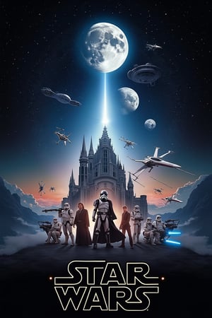 Star Wars movie poster, moon, death star, x-wings, Jedi, stormtroopers, symmetrical design, movie poster