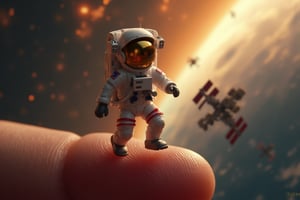 a mini astronaut running on a fingertip, planet, a nasa spaceship, ISS behind it, key art, photorealistic, ultra-realistic, symmetrical face, tone mapped, intricate, elegant, highly detailed, full body, 16:9, ultra-wide, golden hour, 3 point light, cinematic