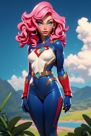 1girl, Highly detailed RAW color Photo, poised poise, superhero_pose, Full Body, ((portrait of supergirl)) age 18, ((dynamic_pose)), ((flying_midair)), ((fighting)), ((long_red_cape)), ((fully_suit_red_blue_white_gold)), beautiful face, symmetrical face, tone mapped, intricate, elegant, highly detailed, digital painting, concept art, red and blue, smooth, sharp focus, colorfull, depth of field, octane render,  art by artgerm and alphonse mucha, trending on artstation, cinematic animation still, by lois van baarle, ilya kuvshinov, metahuman, outdoors, toned body, (sci-fi), ((cloudy_blue sky)), (mountains:1.1), (lush green vegetation), (two moons in sky:0.8), (highly detailed, hyperdetailed, intricate), (lens flare:0.7), (bloom:0.7), particle effects, raytracing, cinematic lighting, shallow depth of field, photographed on a Sony a9 II, ((35mm f1.8_wide angle lens)), sharp focus, cinematic film still from Gravity 2013, short_curly_hair, average_breasts, blond_curly_hair, green-eyes, ((sexy_pink_lips)), intricate_detail, realistic, detailed_background, (8k, RAW photo, best quality, masterpie ce:1. 2), detailed_skin, sharp_eyes, beautifull, looking_at_camera, beautiful detailed eyes, beautiful detailed lips, high detailed skin, detailed background, 8k uhd, dslr,photorealistic, perfect hand, perfect fingers, big_breasts, Detailedface, 3DMM