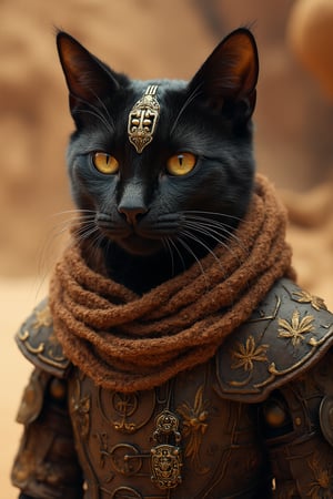 if a cat in dune movie as a protagonist, key art, photorealistic, ultra realistic, beautiful face, symmetrical face, tone mapped, intricate, elegant, highly detailed, full body