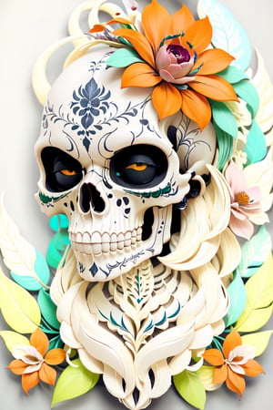 Paint a picture of the perfect balance between art and nature. a tribal dead skull, spirit animal,  Incorporate elements like flowers, leaves, animals, and other natural patterns to create a unique and intricate design, symmetrical,perfect_symmetry,Leonardo Style,oni style, line_art,3d style, white background,cyborg style