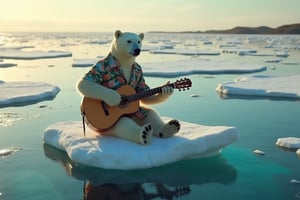 a polar bear playing guitar sitting on ice wearing Hawaiian shirt,  floating at the sea, cracked, transparent ice, clear water, lonely, sad, key art, photorealistic, ultra realistic, golden hour, seen from above, aerial shot, tone mapped, intricate, elegant, highly detailed, full body, Photorealistic,