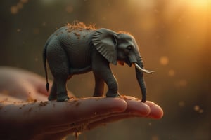 a mini elephant on a finger tip , key art, photorealistic, ultra-realistic, symmetrical face, tone mapped, intricate, elegant, highly detailed, full body, 16:9, ultra-wide, golden hour, 3 point light, cinematic, mud, and dust