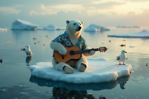 a polar bear playing guitar sitting on ice wearing Hawaiian shirt,  floating at the sea, feets in the water, seagull and fish around him, cracked, transparent ice, clear water, lonely, sad, key art, photorealistic, ultra realistic, golden hour, depth of field, bokeh blur, f1.2, seen from above, aerial shot, tone mapped, intricate, elegant, highly detailed, full body, Photorealistic,