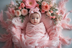 A Vogue baby photoshoot of a baby girl, captured in vibrant bubblegum pastel tones and grey color, in the style of Jingna Zhang. The image should be taken with a Canon EOS R5 camera and a Canon RF 24mm f/1.8 STM lens. Set the ISO to a high value, the shutter speed to a fast value, and the aperture to a wide aperture to create a shallow depth of field and a blurred background. Use a soft, diffused lighting to create a dreamy and ethereal atmosphere. The overall mood of the image should be one of glamour and nostalgia. flower arrangement, soft pillow