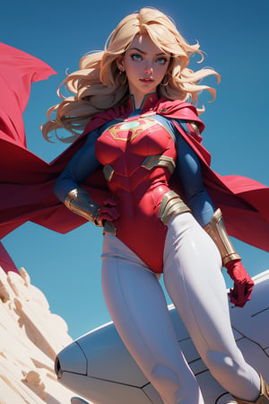 1girl, Highly detailed RAW color Photo, poised poise, superhero_pose, Full Body, ((portrait of supergirl)) age 18, ((dynamic_pose)), ((flying_midair)), ((fighting)), ((long_red_cape)), ((fully_suit_red_blue_white_gold)), beautiful face, symmetrical face, tone mapped, intricate, elegant, highly detailed, digital painting, concept art, red and blue, smooth, sharp focus, colorfull, depth of field, octane render,  art by artgerm and alphonse mucha, trending on artstation, cinematic animation still, by lois van baarle, ilya kuvshinov, metahuman, outdoors, toned body, (sci-fi), ((cloudy_blue sky)), (mountains:1.1), (lush green vegetation), (two moons in sky:0.8), (highly detailed, hyperdetailed, intricate), (lens flare:0.7), (bloom:0.7), particle effects, raytracing, cinematic lighting, shallow depth of field, photographed on a Sony a9 II, ((35mm f1.8_wide angle lens)), sharp focus, cinematic film still from Gravity 2013, short_curly_hair, average_breasts, blond_curly_hair, green-eyes, ((sexy_pink_lips)), intricate_detail, realistic, detailed_background, (8k, RAW photo, best quality, masterpie ce:1. 2), detailed_skin, sharp_eyes, beautifull, looking_at_camera, beautiful detailed eyes, beautiful detailed lips, high detailed skin, detailed background, 8k uhd, dslr,photorealistic, perfect hand, perfect fingers, big_breasts, Detailedface, 3DMM