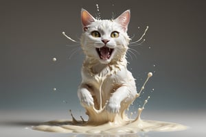 create a majestic cat jumping made of milk, splashed, drips, subsurface scattering, translucent, 100mm,Movie Still,detailmaster2,Film Still