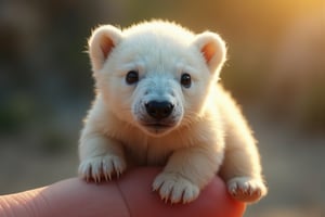 a cute tiny polar bear sitting on a finger tip , key art, photorealistic, ultra-realistic, symmetrical face, tone mapped, intricate, elegant, highly detailed, full body, 16:9, ultra-wide, golden hour, 3 point light, cinematic